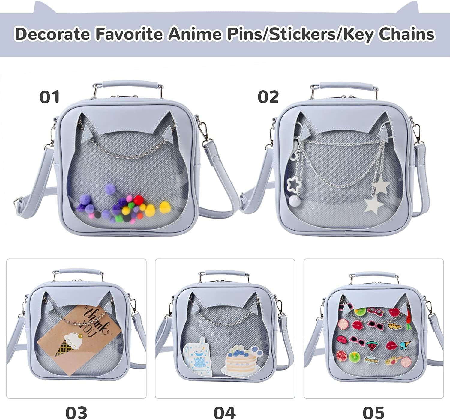 YOUI-GIFTS Women Ita Bag Kawaii Crossbody Purse Cute Cat Messenger Purse Clear Backpack Shoulder Bags Pin Display Bag