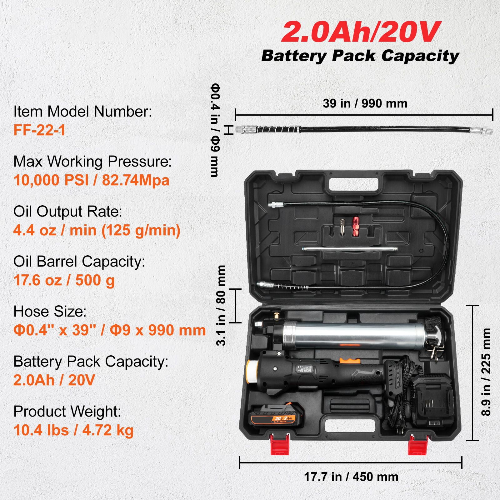 Cordless Grease Gun,20-Volt,10,000 PSI,39"Long Hose,Electric Grease Gun Kit Professional High Pressure Battery Powered Grease Gun with Carrying Case,Battery&Charger Included,Black