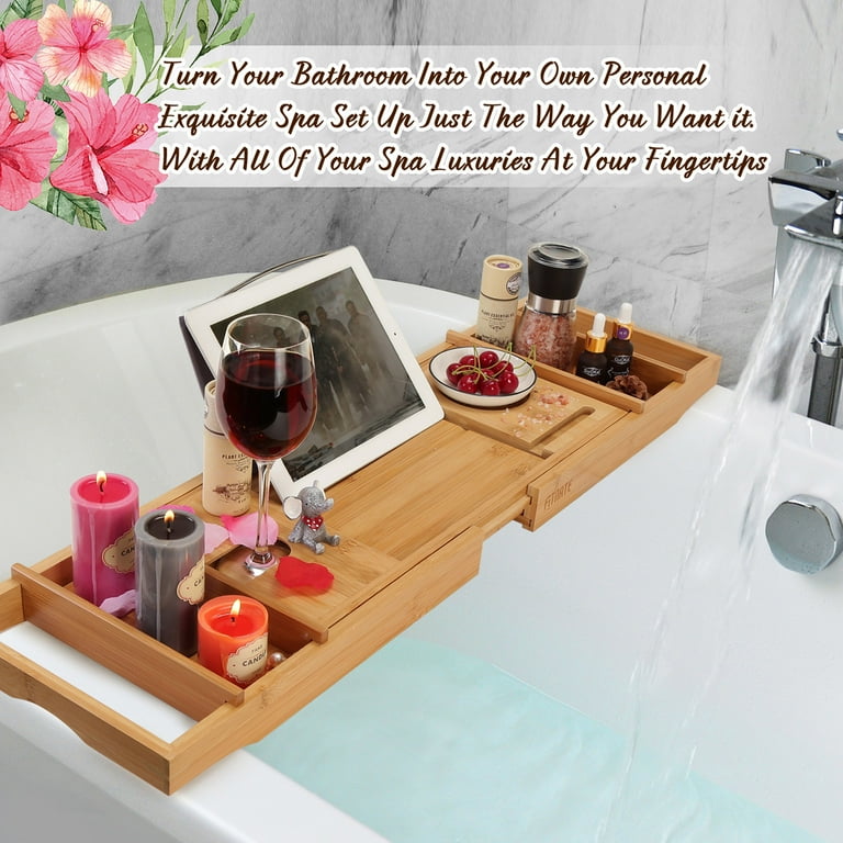 Bathroom Bamboo Bath Caddy Wine Glass Holder Table Tray Bathtub