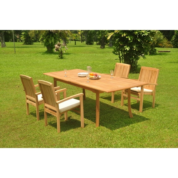 Grade-A Teak Dining Set: 4 Seater 5 Pc: 94" Double Extension Rectangle Table And 4 Wave Stacking Arm Chairs Outdoor Patio WholesaleTeak #WMDSWVy