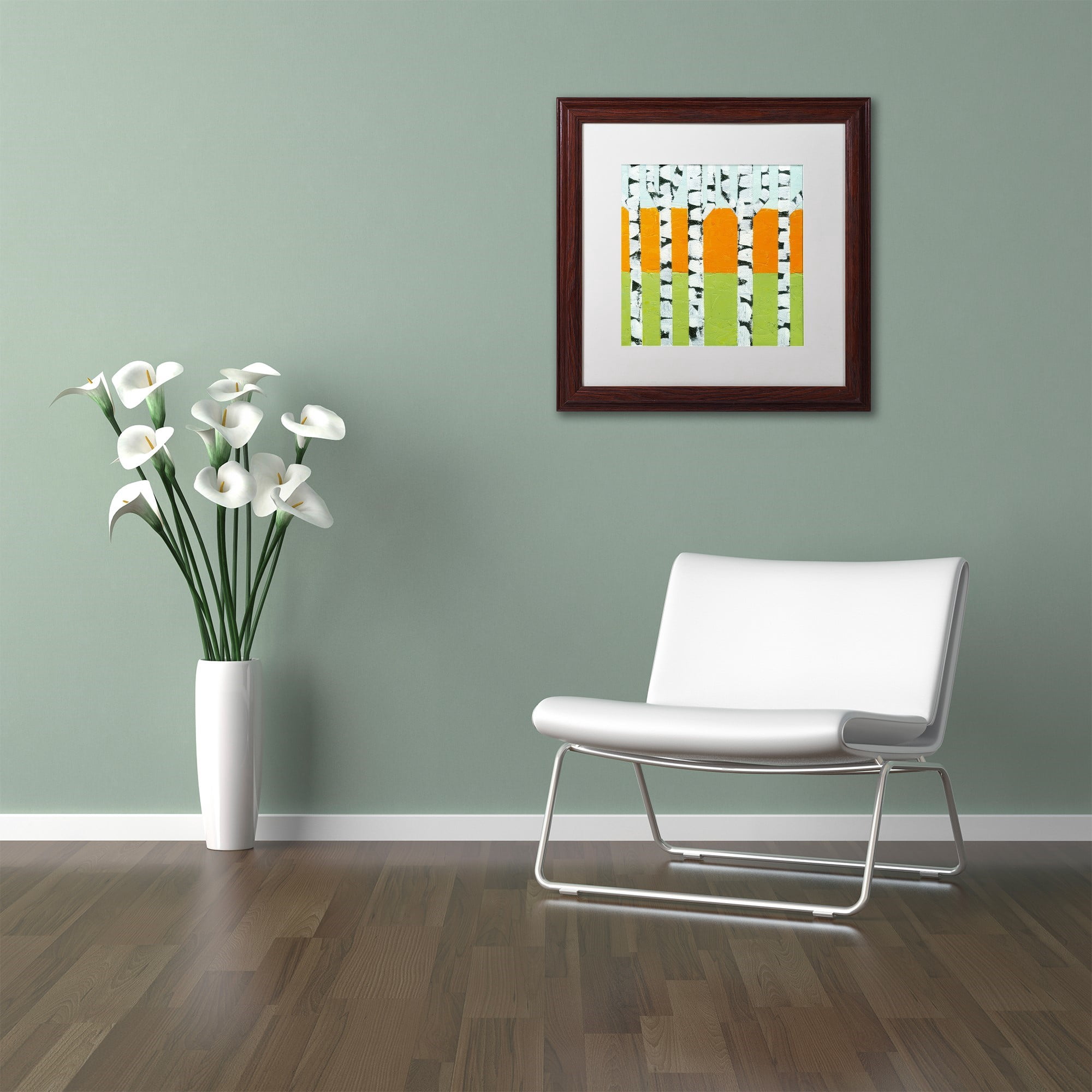 Trademark Fine Art "Seasonal Birches - Spring" Canvas Art by Michelle Calkins, White Matte, Wood Frame
