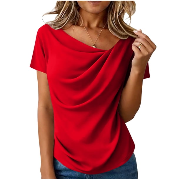 Camisas de Manga Corta para las Mujeres Casual Color Sólido Plisado Cuello Redondo Blusa, Casual Camisas de Manga Corta para las Mujeres Suaves