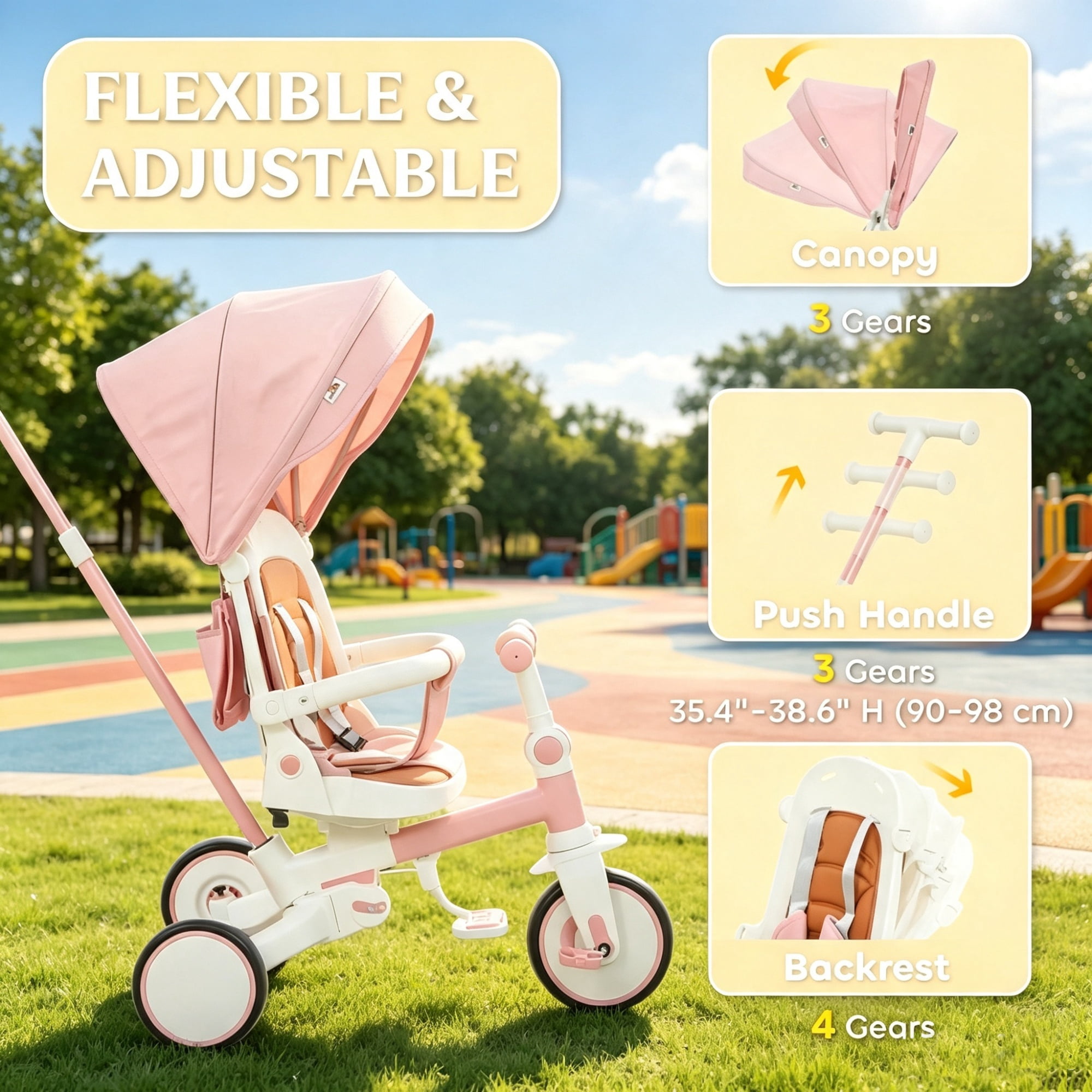 7 in 1 Toddler Tricycle Stroller, for 1-5 Years Old, Adjustable Push Handle, Rotatable Seat, Detachable Canopy, Pink