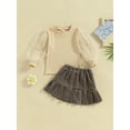thumbnail image 3 of Kids Girl Fall Outfits Sequins Stars Moon Mesh Puff Sleeve Rib Knit Tops Elastic Waist Pleated Plaid Skirts 2Pcs Clothes Set, 3 of 9