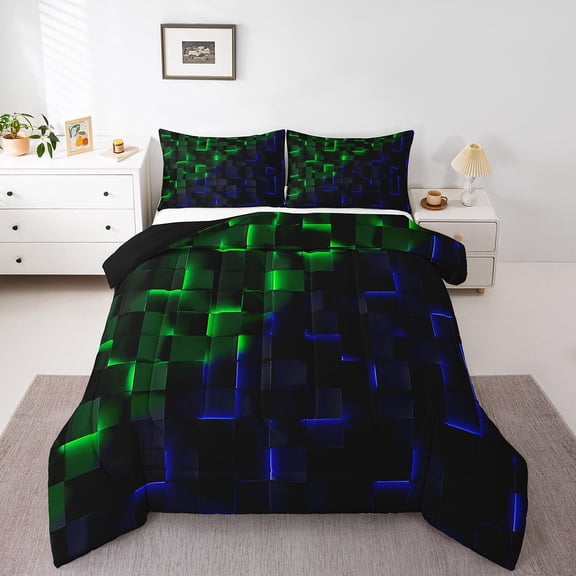 Erosebridal Futuristic Cubes Bedding Twin Comforter Set,Plaid Buffalo Down Comforter,Geometric Grid Bedding Sets Twin with Comforter,Microfiber Gradient Room Decoration,Reversible,3pcs