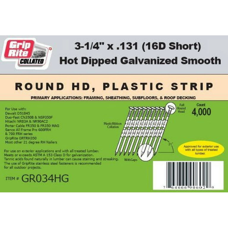 Grip-Rite GR034HG Round Head 3-1/4-Inch by .131-Inch by 21 Degree Paper Collated Hot-Dip-Galvanized Framing Nail (4,000 per Box) Grip-Rite GR034HG Round Head 3-1/4-Inch by .131-Inch by 21 Degree Paper Collated Hot-Dip-Galvanized Framing Nail (4,000 per Box)
