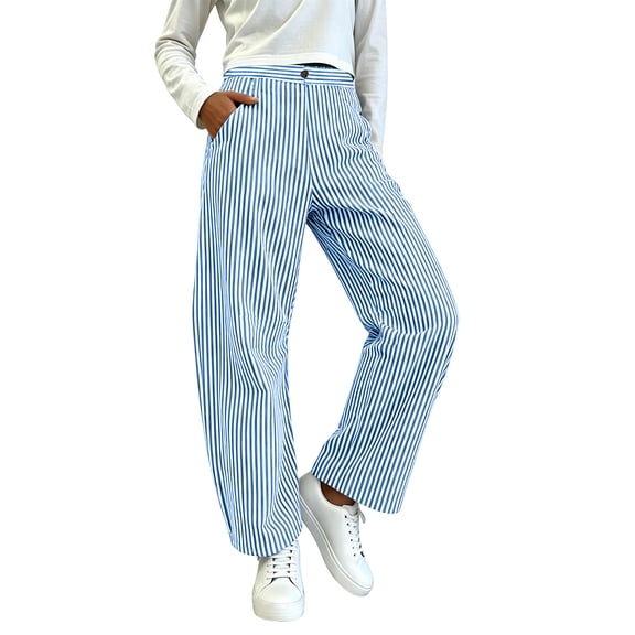 Elastic Waist Casual Pants Button Zipper Trousers Summer Striped Curved Barrel Leg Pants Relaxed Fashion Bottoms for Daily Leisure Wear Blue XXL