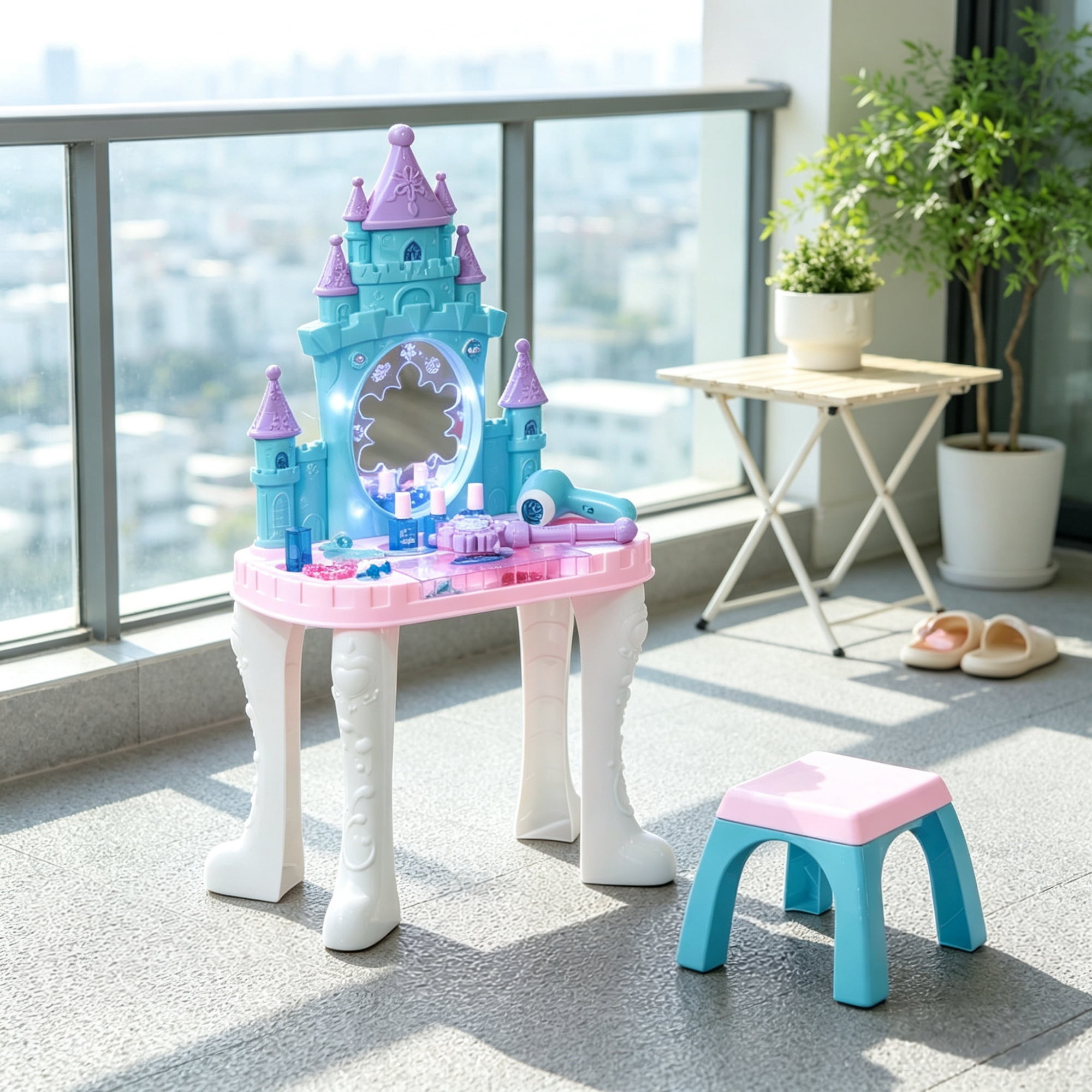 Kids Dressing Table with Mirror Lights and Magic Wand for Ages 3-6