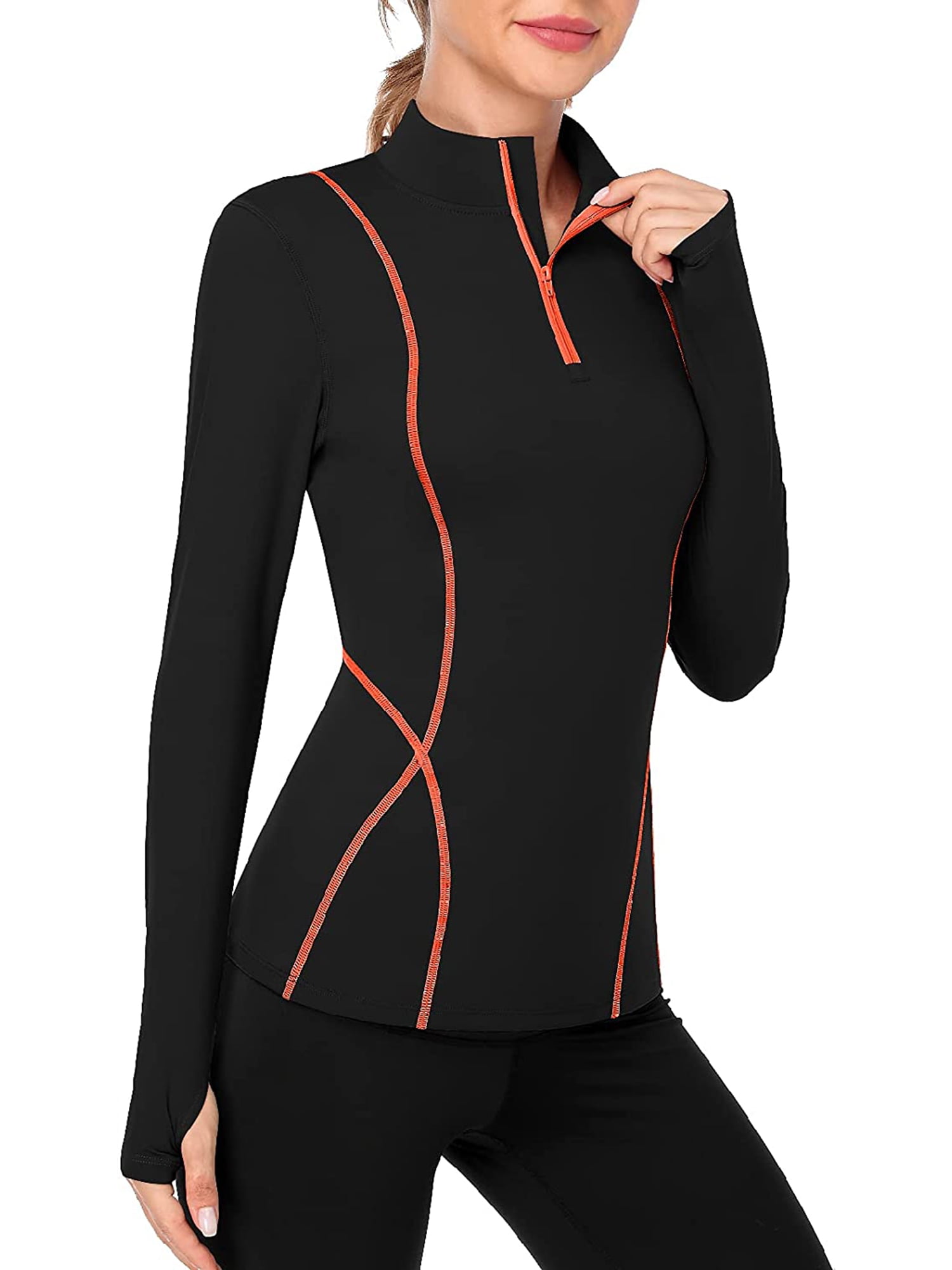 Women's Long Sleeve Workout Tops Zip Thumb Hole Athletic Running Sweatshirt Rash Guard Pullover