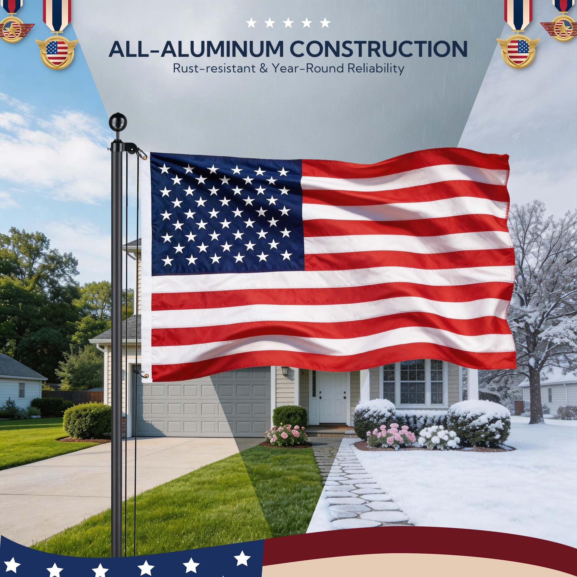 Yescom ALL Aluminum Flag Pole Hardware Repair Kit 50FT Wire Core Halyard Rope Black Ball Topper for 20/25/30 FT Sectional Pole with 1 13/16" Dia.