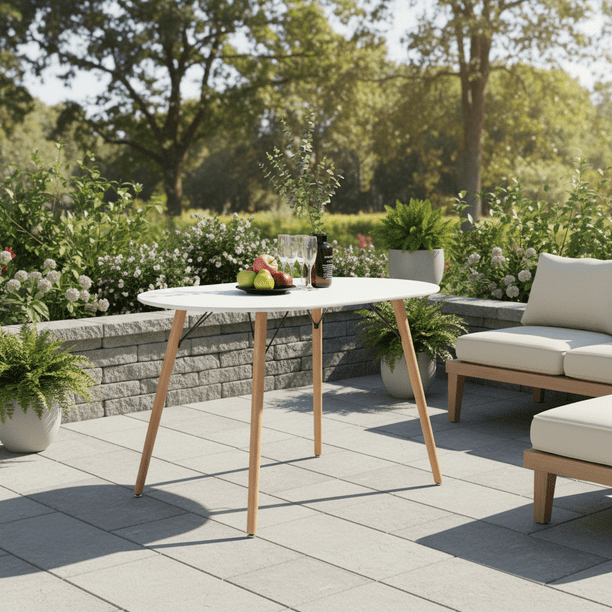 HOMYLIN Mesa de PATIO Ovalada, 120cm * 70cm * 75cm Para 2 a 4 con Patas de madera maciza, Escandinavia para Cafe PatioJardín, Blanco
