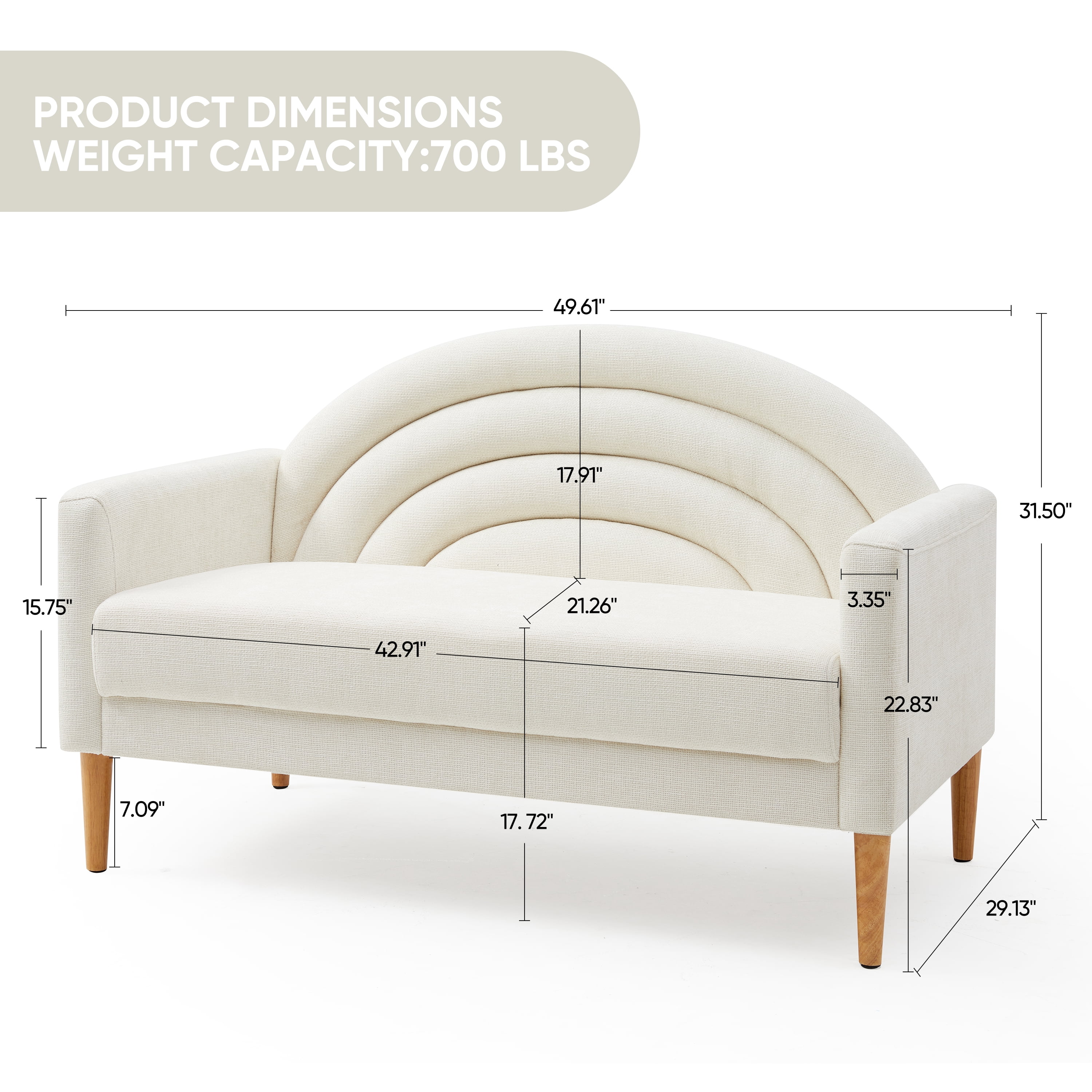 Loveseat Sofa for Small Spaces,49.6" Mid-Century Modern Linen Small Couch with Arched Backrest,2-Seater Upholstered Settee,600 lbs Capacity,Cream