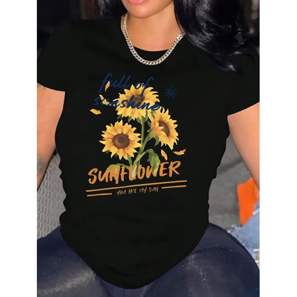 Sunflower & Letter Print Women's T-Shirt - Casual Crew Neck, Short Sleeve, Stretchy Polyester Blend, Machine Washable - Perfect for Summer