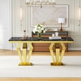 thumbnail image 3 of 70" Rectangular Faux Marble Dining Table, Diamond-Design Stainless Steel Pedestal and Marble-Style Top, for Dining Room or Office, 3 of 7