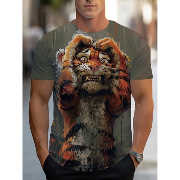 Men's Retro Tiger T-Shirt - Bold Animal Print Regular Version Crew Neck, Machine Washable & Affordable Fashion Casual Top, Trend Statement T-Shirt, Comfort Fabric Shirt