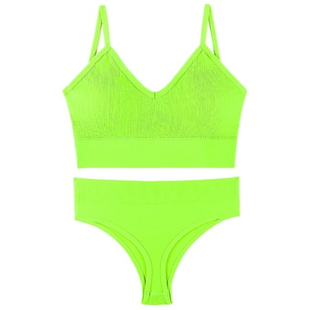 

Women 2Pcs Bra Panty Lingerie Set Sexy V-Neck Backless Wire Free Padded Bralette Low Rise Thong Ribbed Solid Underwear