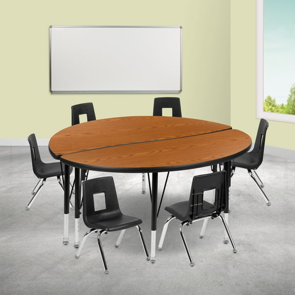Emma   Oliver 47.5" Circle Wave Activity Table Set with 14" Student Stack Chairs, Oak/Black