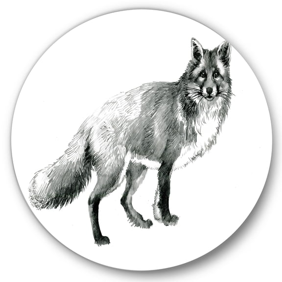 Designart 'Black and White Portrait Fox' Farmhouse Circle Metal Wall Art 36x36 - Disc of 36