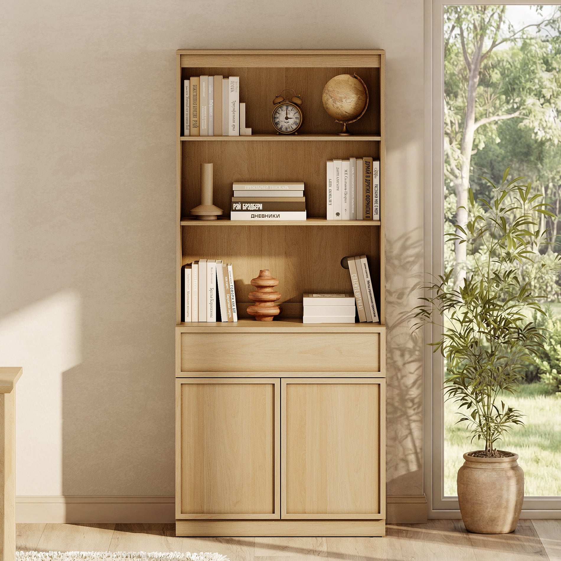 Modern 72" Tall Bookcase with Doors, Drawers & Adjustable Shelves, Wood Bookcase with Storage Cabinet and Open Shelving,Oak
