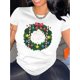thumbnail image 1 of Camiseta navideña informal para mujer, estampado "Feliz Navidad", cuello redondo y manga corta, tejido de punto de algodón elástico, ligera y para todas las estaciones, ideal para deportes de ocio., 1 of 9