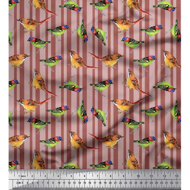 Soimoi Polyester Crepe Fabric Stripe & Sparrow Bird Printed Fabric 1 Yard 42 Inch Wide