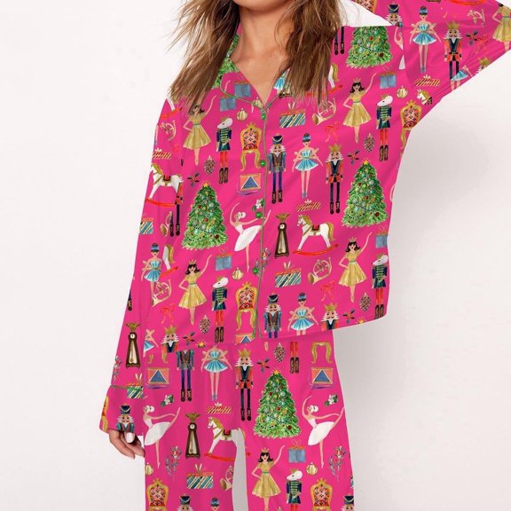 SheShow Christmas Nutcracker Print Silky Casual Long Sleeve Pajama Set for Women, Rose, XS
