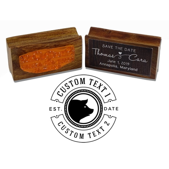 Printtoo Round Custom Text Pig Icon Business Rubber Stamp Wood Mounted Personalized Stamper Idea