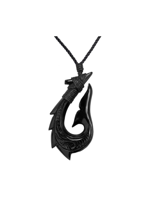 Women's Men's Hand Carved Horn Engraved Maori Hei Matau Whale Tail Pendant Necklace
