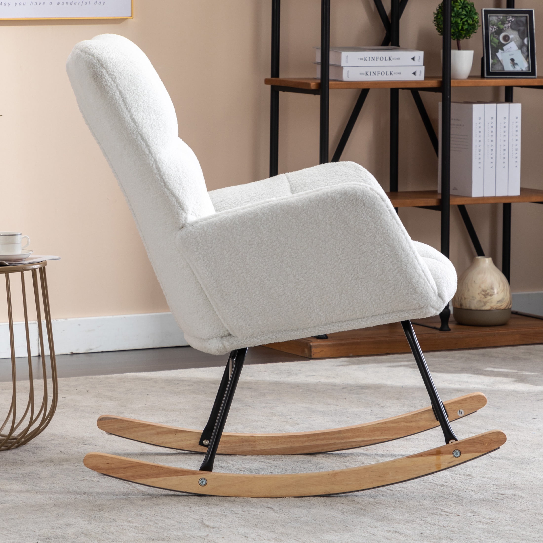 PORKISS Modern Rocking Chair, Upholstered Teddy Fabric Accent Chairs with High Backrest, Glider Rocker Comfortable Armchair with Padded Seat for Living Room Bedroom Playroom, Ivory