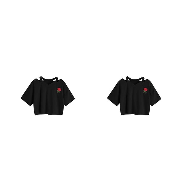 Sonducket Ropa de verano con cuello en V de rosa para mujer, camiseta ahuecada a la moda, camisetas cortas informales estampadas divertidas, casa 2piezas