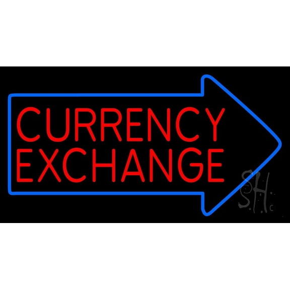 Red Currency Exchange With Arrow LED Neon Sign 13 x 24 - inches, Black Square Cut Acrylic Backing, with Dimmer - Bright and Premium built indoor LED Neon Sign for Defence Force.