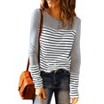 thumbnail image 1 of Camiseta de mujer de manga larga de poliéster a rayas con cuello redondo y botón para primavera y otoño, 1 of 6