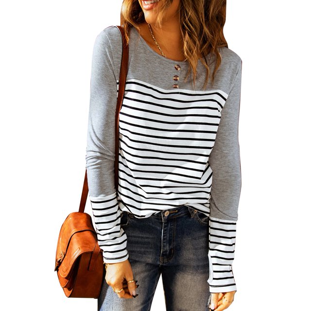 Camiseta de mujer de manga larga de poliéster a rayas con cuello redondo y botón para primavera y otoño