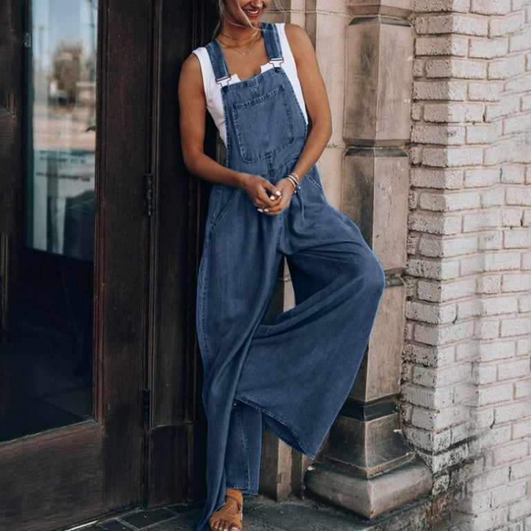 Casual Jumpsuits for Women Washed Denim Bib Jeans Ripped Denim