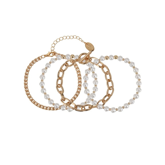 Time and Tru Adult Women's Gold Tone and Faux Pearl Bracelet Set, 4 Piece
