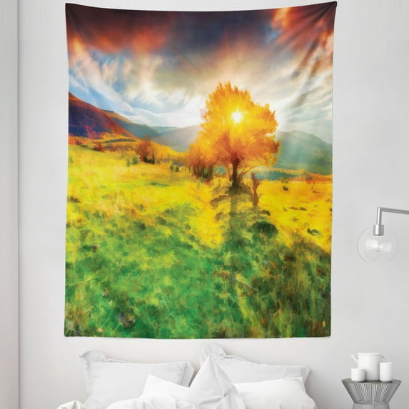 Landscape Tapestry, Fall Season Illustration with Mountains and Meadows in Sunset Watercolor Effect, Fabric Wall Hanging Decor for Bedroom Living Room Dorm, 5 Sizes, Multicolor, by Ambesonne
