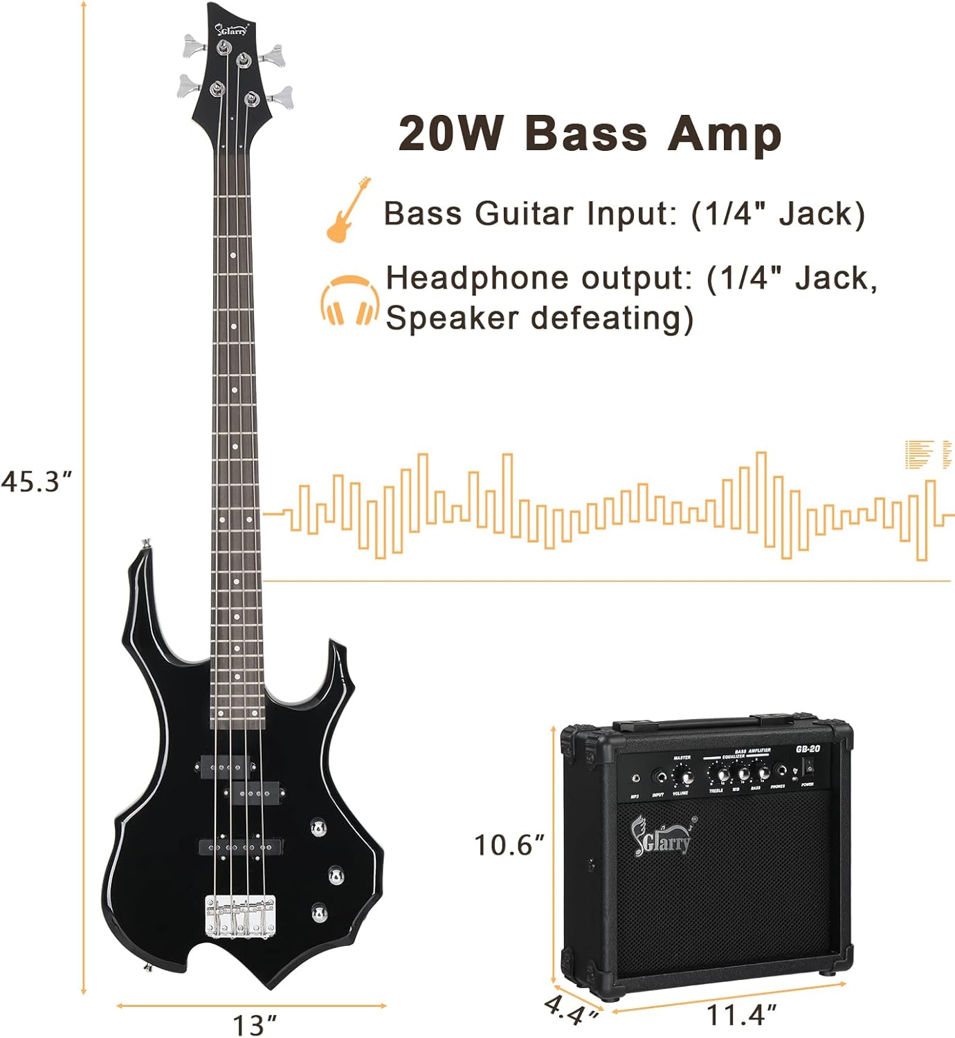 GLARRY Electric Bass Guitar 4 Strings Buring Fire Style Single Coil - Split Single Coil Pickups for Beginner Adults Right Hand w/ 20W Amp, Bag, Strap and Cord (Black)