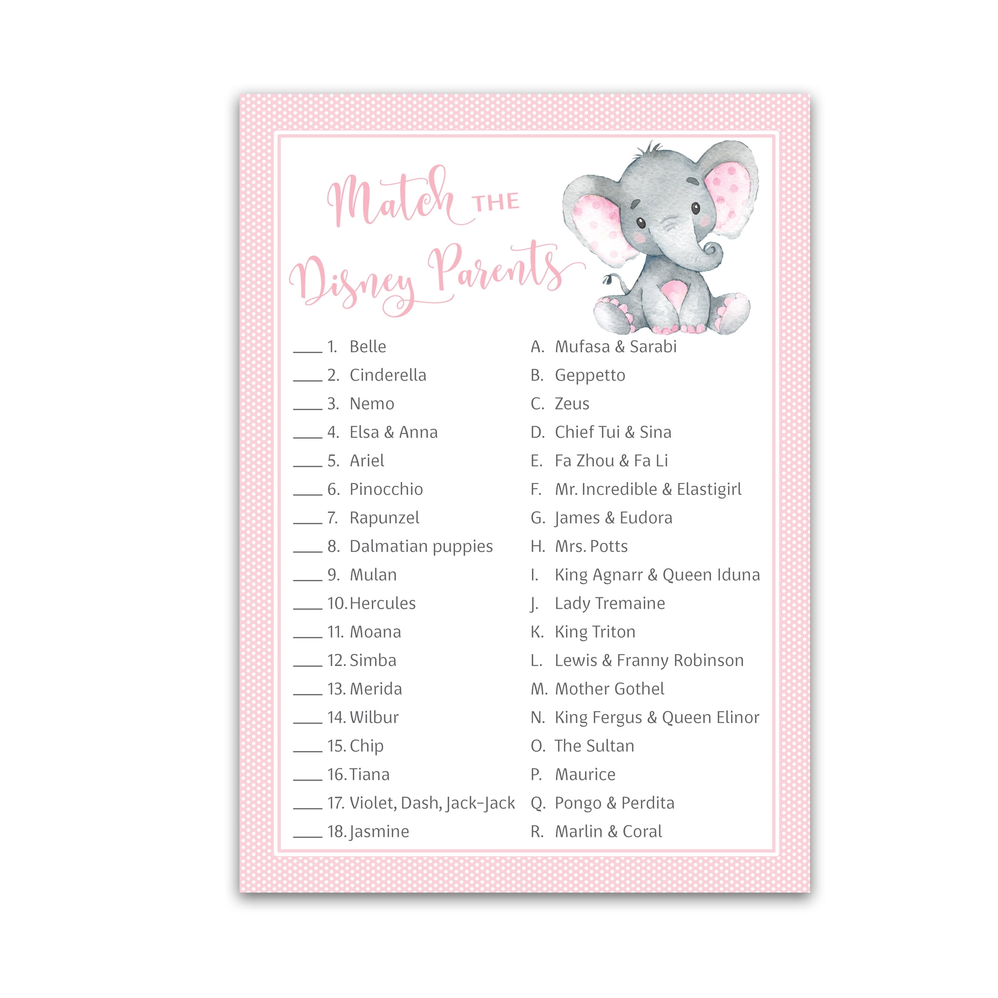 GIRL Baby Shower Game — CARTOON PARENT MATCH Baby Shower Game — Pack of 25 — PINK Elephant Match Famous Cartoon Parents Fun Shower Activity, Star Kids Match Game Little Peanut Couples Shower G500-DPM