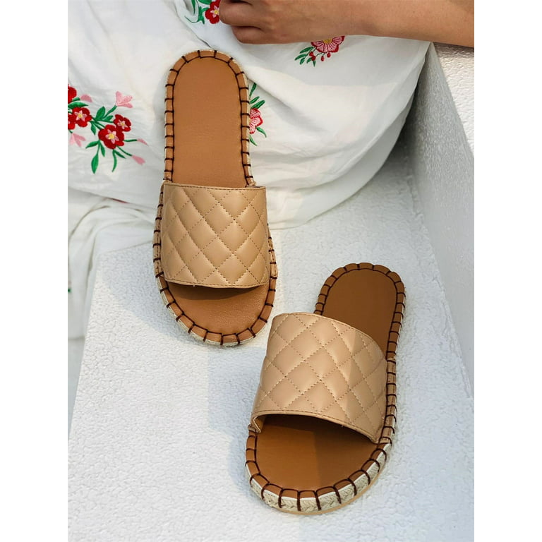 Women's Quilted Espadrille Open Toe Flat Slide Sandals Casual