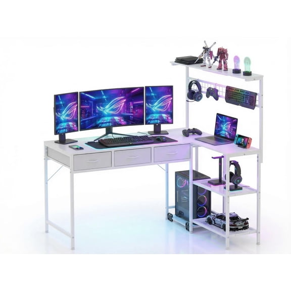 L Shaped Desk with 3 Drawers and Storage Shelves, Reversible Computer Desk with Bookshelf for Home Office, Corner Gaming Desk with LED Lights, Power Outlets and Storage Bad, White