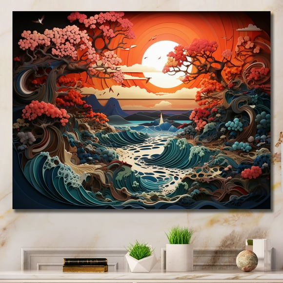 Designart Sunrisesunset Wall Art, Peach Sunrise magic Renewal Papercut , Sunrisesunset Wall art decor, Peach Traditional Canvas wall art, 20x12 inches