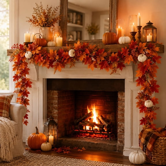 Kyusrd Fall Decor for Home,Fall Artificial Maple Leaf Garland Thanksgiving With Pumpkins For Fireplace Mantel Door Decor
