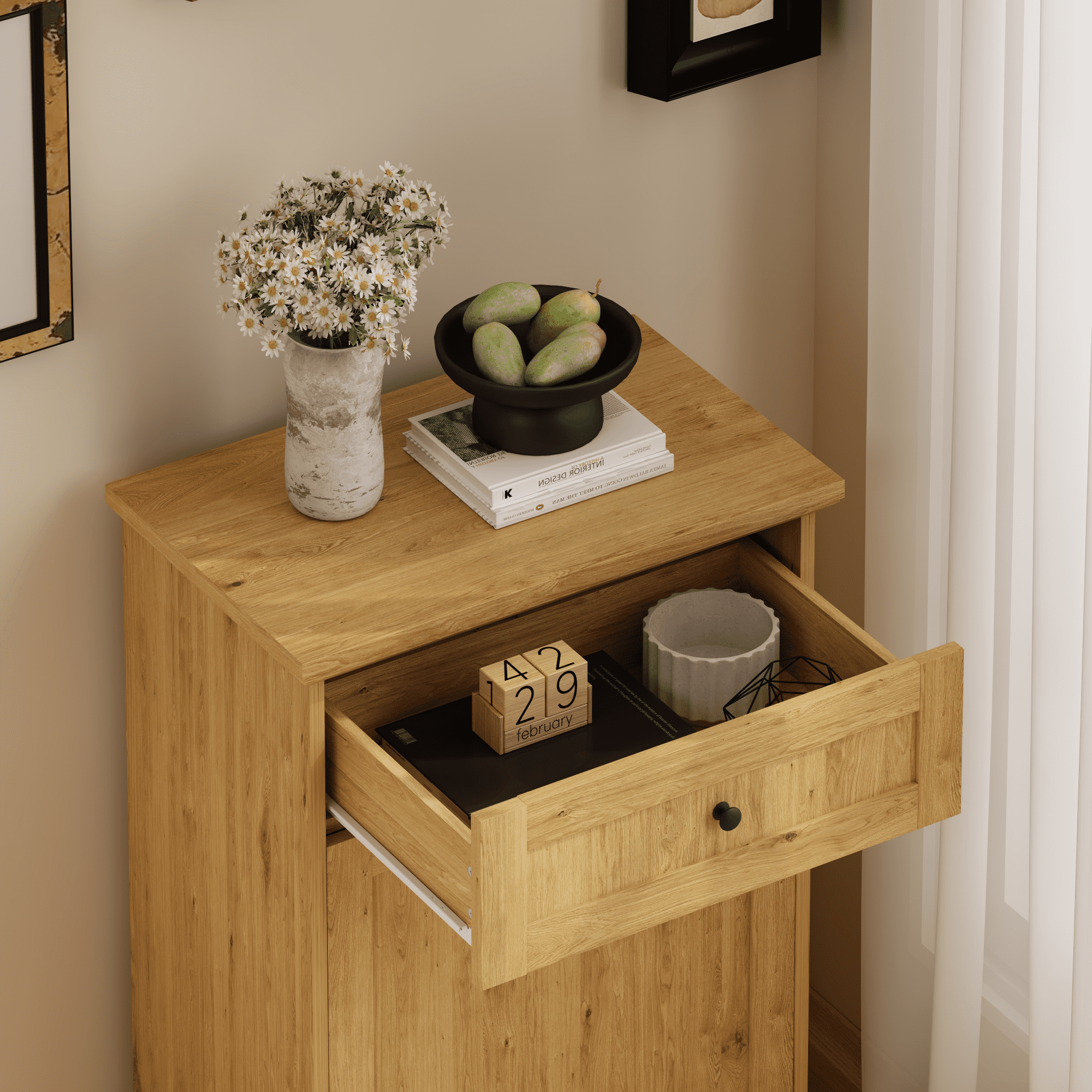 10 Gallon Tilt Out Trash Cabinet Freestanding Trash Bin Cabinet Wood Garbage Recycling Cabinet with Hideaway Drawer Pet Proof Trash Can Holder for Kitchen Living Room, Natural (not include can)