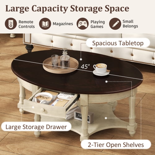 Vintage Oval Coffee Table with Drawer and Storage Shelf, Antique Cocktail Table in 45", French Country Accent Table for Living Room,Beige and Cherry