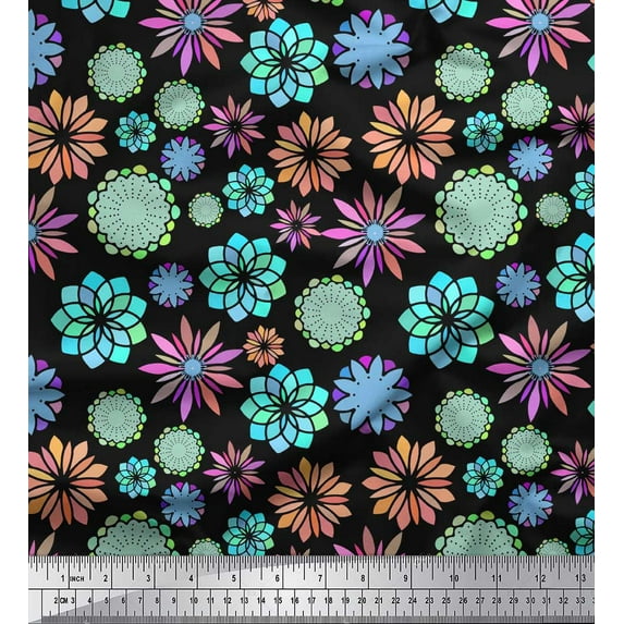 Soimoi Black Georgette Viscose Fabric Multicolor Mandala Print Fabric by the Yard 42 Inch Wide
