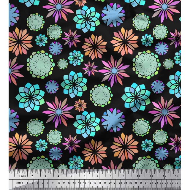 Soimoi Black Poly Georgette Fabric Multicolor Mandala Print Fabric by Yard 42 Inch Wide
