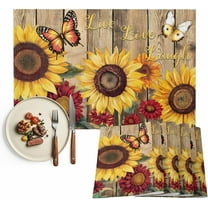 Sunflower Butterfly Summer Placemats Set of 6 Washable Table Mats for Kitchen Dining Table, Cotton Linen Place Mats for Indoor Outdoor Parties Holiday Decoration, Wooden Texture