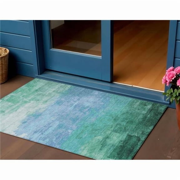 HomeRoots 610907 3 x 5 ft. Teal Blue & Aqua Striped Washable Indoor & Outdoor Rectangle Area Rug
