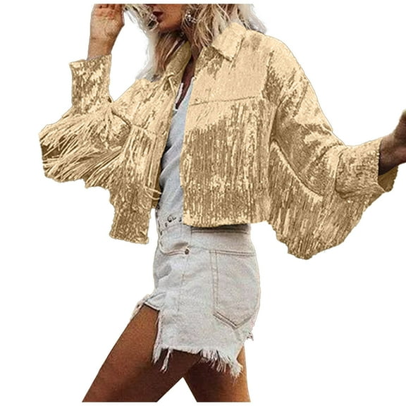 Elainilye Fashion Womens Jackets Casual Vacation Style Solid Color Fringe Sequin Jacket Long Sleeve Tops Coat Jackets,Gold