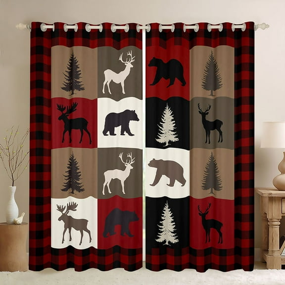 Feelyou Rustic Farmhouse Bear Black Out Curtains, Reindeer Moose Wildlife Curtains Pack of 2 (42x63 Each), Black Red Square Plaid Bedroom Curtains, Window Curtains Bedroom Decor